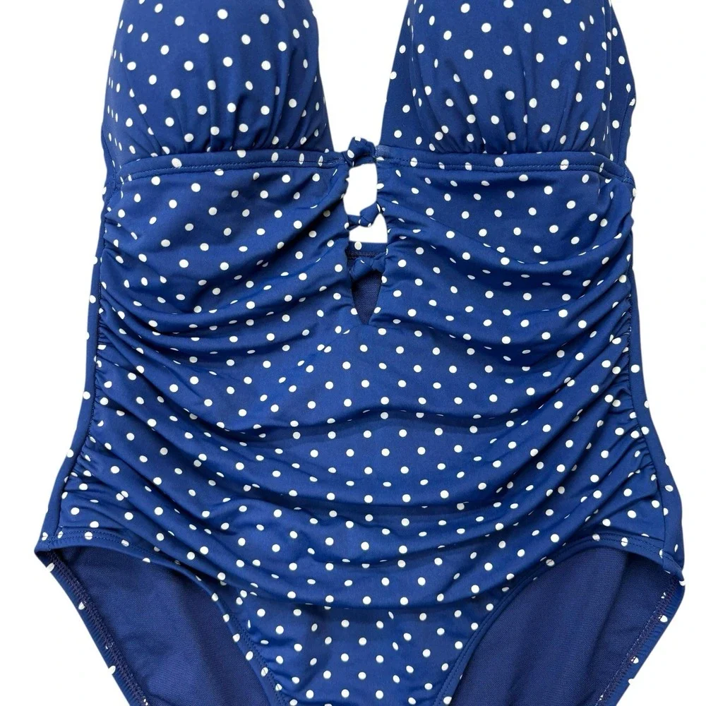 Lauren Ralph Lauren Womens Swimsuit 8 Blue Polka Dot One Piece Halter Ruched